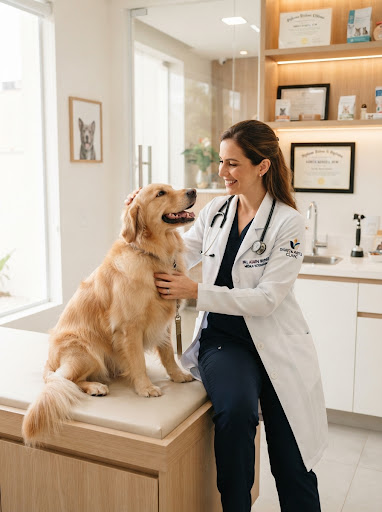 Veterinária examinando um cão em consultório